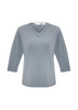 A grey women's 3/4 sleeve top with a crossover v-neck design and a logo.