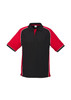 A short sleeve polo shirt in black with red accents, featuring branding on the chest area.