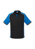 A black and blue short sleeve polo shirt featuring a contrasting design and a collar. It has a logo on the chest.