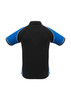 Men's polo shirt in black with blue accents and a contrasting collar. Features a logo on the front.
