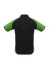 A black polo shirt with green sleeves and accents, featuring a standard collar and logo.