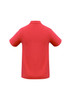 A red polo shirt with a collar and short sleeves. The back features a logo.