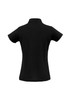 A black ladies' polo shirt featuring a classic design and a collar. The shirt has a logo on it.