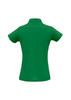 A green ladies polo shirt featuring a collar and short sleeves, with a logo on the back.