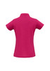 A pink polo shirt with a classic collar and short sleeves. It features a branding logo.