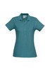 A teal polo shirt for ladies with a collar and button placket, featuring a logo on the label.