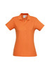 An orange ladies polo shirt with a collar and button placket, featuring a logo on the chest.