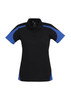 A women's polo shirt featuring short sleeves, black with blue accents, and a branded logo on the front.