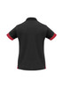 A black women's polo shirt with red accents on the sleeves, featuring a collar and a logo.