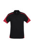 A black polo shirt with red accents, featuring a collar and short sleeves. The shirt has a logo on it.