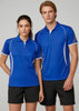 A women’s short sleeve polo shirt in bright blue with white accents, displayed alongside a matching men's version.