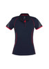 A women's short sleeve polo shirt in navy with red accents and patterned sleeve detail, featuring a logo.