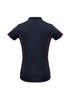 A navy blue women's short sleeve polo shirt with red accents and a branded logo.