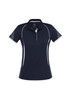 A women's short sleeve polo shirt in navy with white accents and mesh details on the shoulders. It features a logo.