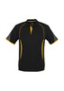 A black polo shirt with yellow accents and short sleeves, featuring a logo on the chest.