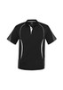 A black short sleeve polo shirt featuring white accents and a logo on the chest. Suitable for kids.