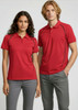 A red short sleeve polo shirt with a logo, displayed on a male and female model, paired with grey pants.