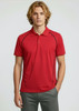 A red short sleeve polo shirt with black accents and a branded logo. Model stands confidently wearing it.