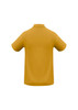 A yellow men's polo shirt featuring a simple design and a logo on the back.