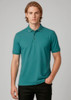 A teal polo shirt featuring short sleeves and a collar, displayed on a male model against a neutral background.
