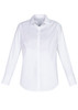 A white long sleeve button-up shirt with a classic collar and cuffs, featuring a logo.