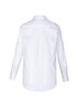 A white long sleeve button-up shirt with a back pleat and cuffed sleeves, featuring a logo.