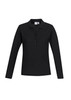A black long sleeve polo shirt featuring a buttoned placket and a logo on the label.