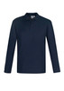 A long sleeve polo shirt in navy blue with a collar and a logo.