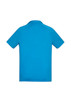 A short sleeve polo shirt in bright blue with a smooth finish and a logo on the back.