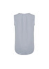A pale blue sleeveless blouse with pleat detail at the back and a rounded hemline. It has a branding logo.