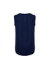 A navy sleeveless blouse with pleat detail at the back, featuring a smooth fabric and rounded hem.