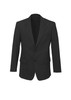 A black men's comfort wool stretch 2 button classic jacket featuring two front pockets and a branding logo.