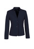 A women's navy wool stretch short jacket featuring a reverse lapel and two buttons, with a logo on the interior.