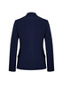 A navy mid-length women's jacket with a fitted design and long sleeves, featuring buttons on the cuffs.