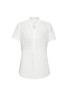 A white short sleeve blouse featuring a v-neck design and a classic fit. Includes a logo on the label.