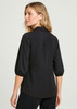 A black women's blouse with 3/4 sleeves, featuring a fitted design and a back pleat. It includes a logo.