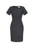 A fitted women's short sleeve shift dress in dark grey with a structured silhouette and a back zip.