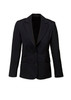 A black longline jacket with a notched lapel, two front pockets, and a fitted design. It features a logo on the inside.