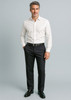Men's cool stretch adjustable waist pants in black, styled with a white shirt and belt, featuring a logo.