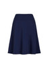 A navy flared skirt with a bandless waist, featuring a smooth design and an A-line silhouette.