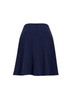 A navy flared skirt with a bandless waist, featuring a zipper closure at the back and a smooth fabric finish.