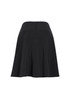 A black flared skirt with a bandless design and a back zipper, featuring a simple, elegant silhouette.