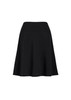 A black flared skirt with a bandless waist, featuring a smooth silhouette and soft fabric.