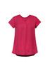 A women's blouse in a deep pink colour featuring a V-neck and pleat detail, with short sleeves and a loose fit.