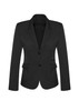 A black mid-length women's blazer featuring a two-button front and structured design. It has pockets and a logo.