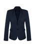 A dark navy women's mid-length jacket featuring a two-button front, notch lapels, and a fitted silhouette.