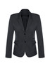 A women's mid-length jacket in dark grey, featuring a two-button design and tailored pockets.