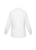 A white long sleeve button-up shirt for women with a simple back design and rolled sleeves. Features a logo.