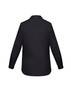 A black women's long sleeve button-up shirt with a back view, featuring a collar and button details.
