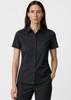 A black short sleeve button-up shirt for women, featuring a collar and a fitted silhouette. Includes a logo.